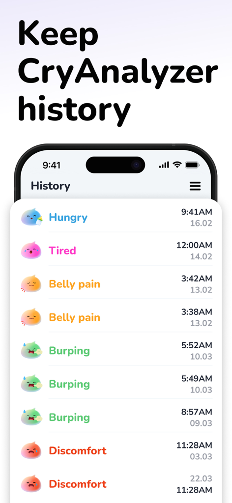 Cry Analyzer + Baby Translator - Uma tela de smartphone mostrando o registro de histórico de um aplicativo de análise de choro de bebê com várias categorias como fome, sono e dor de barriga.
