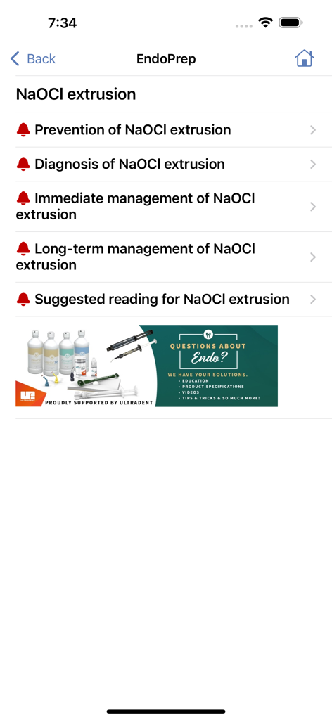 EndoPrep - EndoPrep app screen displaying a menu for NaOCl extrusion management including prevention diagnosis and immediate care guides