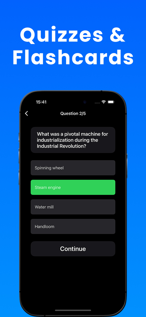 AI Note Taker app interface showing a multiple choice quiz about the Industrial Revolution