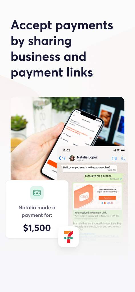 Mobile screen showing a Clip payment link shared via WhatsApp with a 1500 dollar payment confirmation