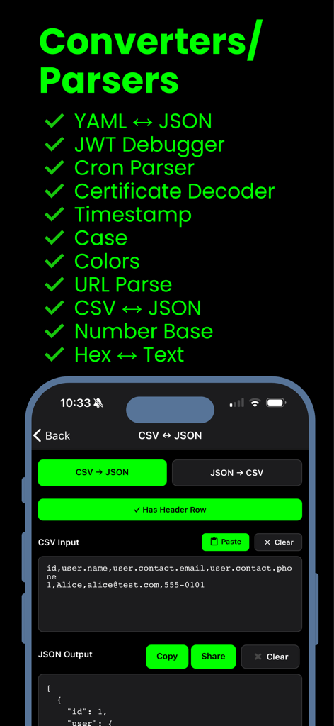 DevKit app showing a list of developer converters and a CSV to JSON utility interface