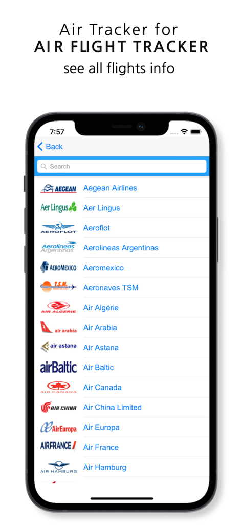 Air Flight Tracker - A mobile screen displaying a searchable list of airlines with their logos in the Air Flight Tracker app