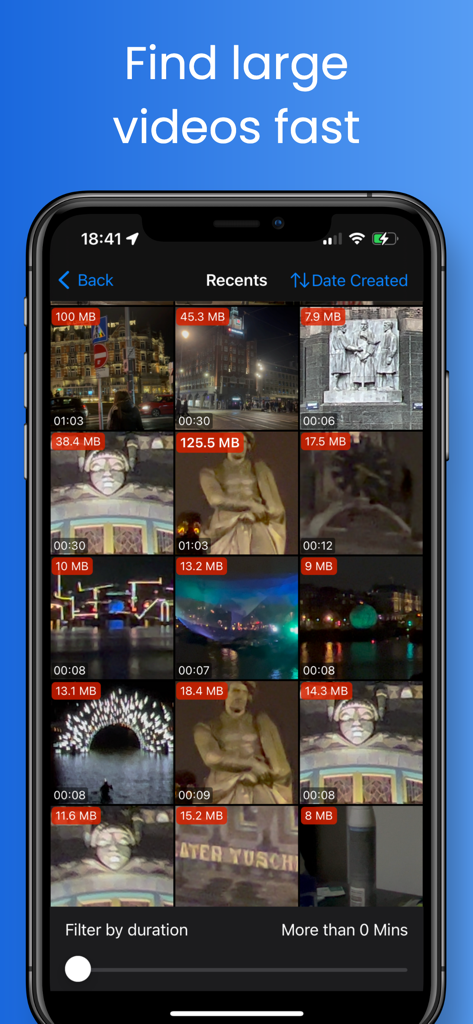 Easy Video Compressor - Resize - Une interface d'application mobile affichant une galerie vidéo avec des étiquettes de taille de fichier sur chaque vignette pour identifier rapidement les vidéos volumineuses