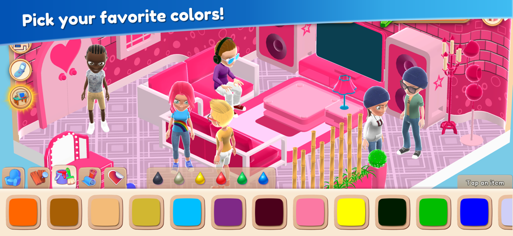 Avatares en una habitación temática rosa usando la herramienta de selección de color para personalizar muebles en Home Valley