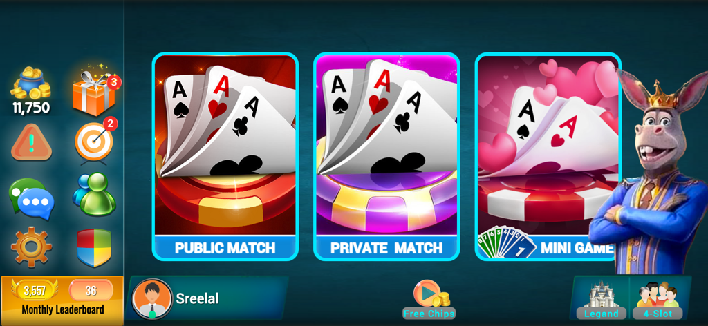 Menú principal de Donkey King Online Card Game con modos de juego público, privado y mini, con el personaje del burro real.