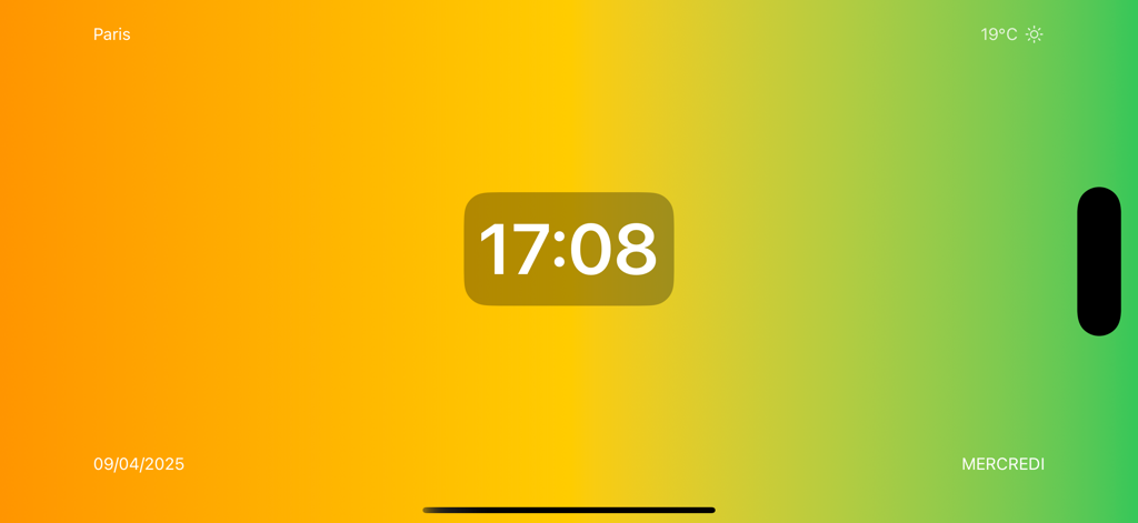 Lava Clock - Interfaz de la aplicación Lava Clock que muestra un reloj digital minimalista sobre un vibrante fondo de gradiente amarillo y verde con información del clima y la fecha