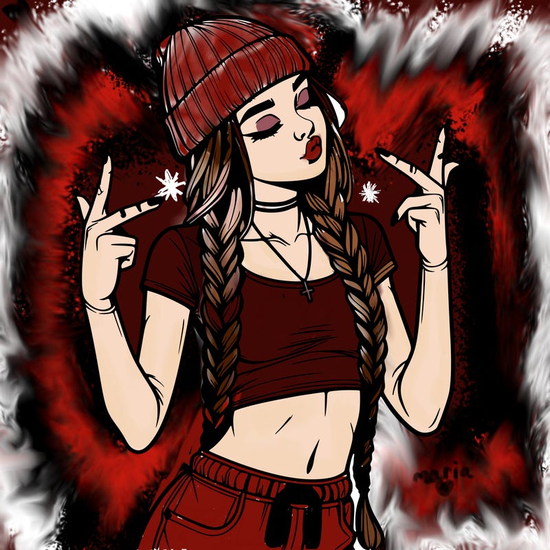 realistic teenage girl with braids and a beanie and crop top doing 🫶🏼