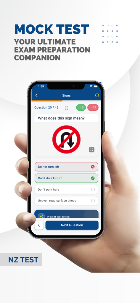 NZ Driving Theory Test 2026 - Interface de teste simulado de teoria de condução da NZ em um telefone celular mostrando uma questão de sinal de trânsito