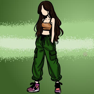 girl in baggy pants crop top and long hair