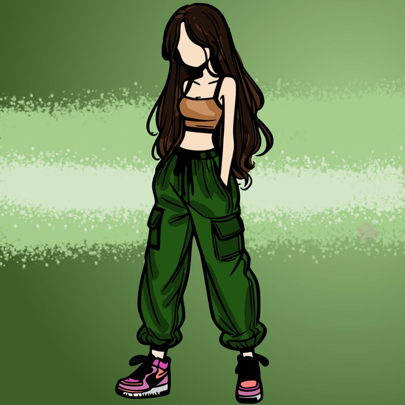 girl in baggy pants crop top and long hair