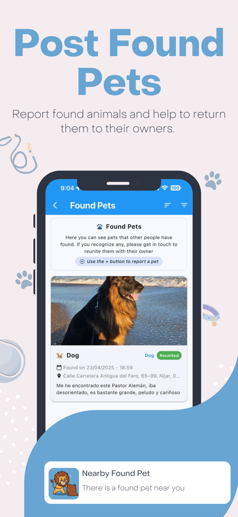 Furtrace - Furtrace app interface displaying a reported found dog listing and a nearby found pet notification.