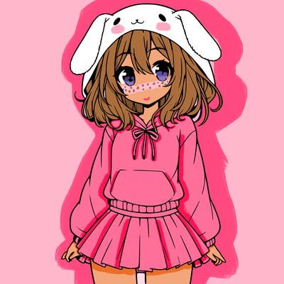 pretty anime girl wearing a fluffy hoodie with bunny ears on the hood and a skirt