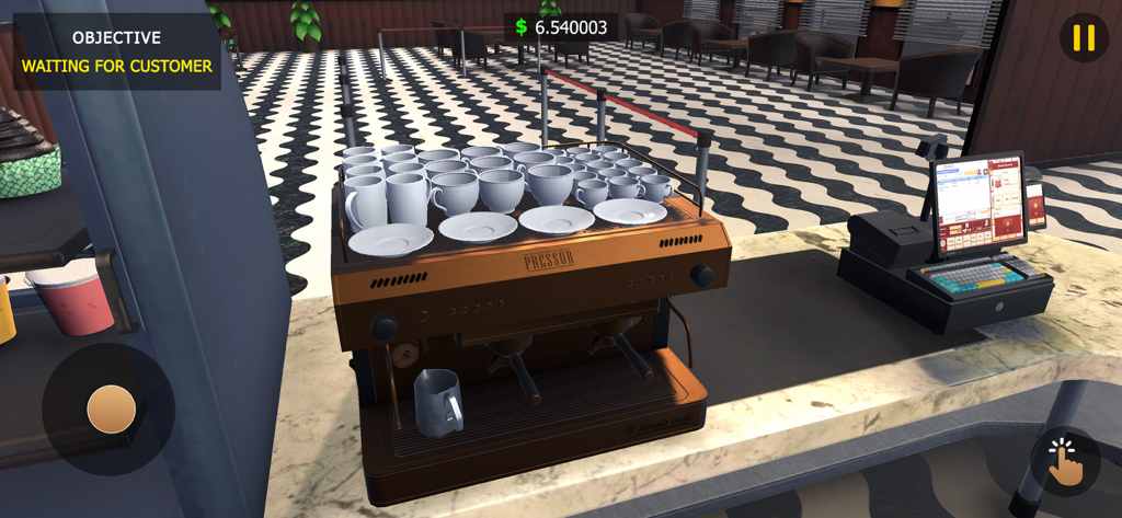 Coffee cafe Tycoon simulator - First person view of an espresso machine and cash register at a coffee shop counter
