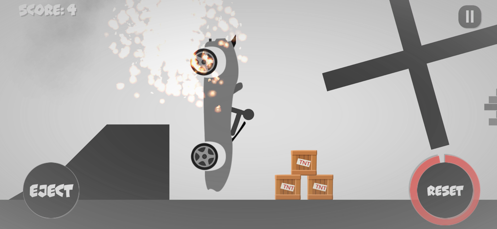 Stickman Destruction 2 - Stickman character in a crashing vehicle with sparks and TNT crates in a physics simulation game