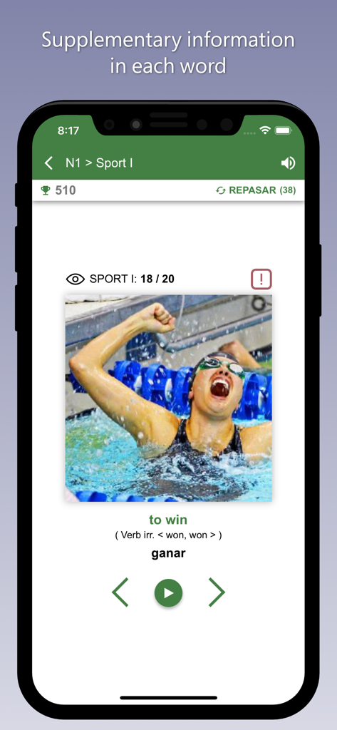 Learn English with Bilinguae - Aplicación Aprende Inglés con Bilinguae mostrando vocabulario con traducciones y formas de verbos irregulares