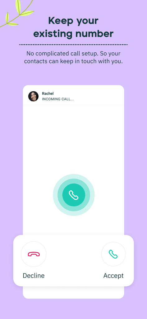Pantalla de llamada entrante en la aplicación Rogervoice con el texto 'Mantenga su número actual'.