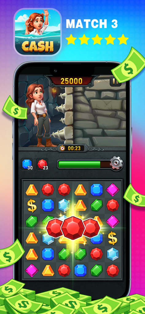 Arena for Cash app Match 3 gameplay screen with colorful gems and cash rewards.
