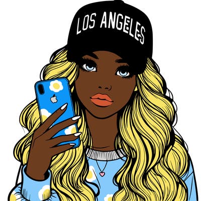 realistic beautiful girl wearing los ángeles cap holding an iphone