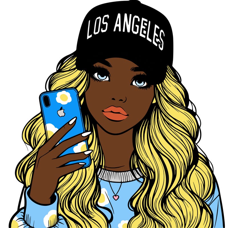 realistic beautiful girl wearing los ángeles cap holding an iphone