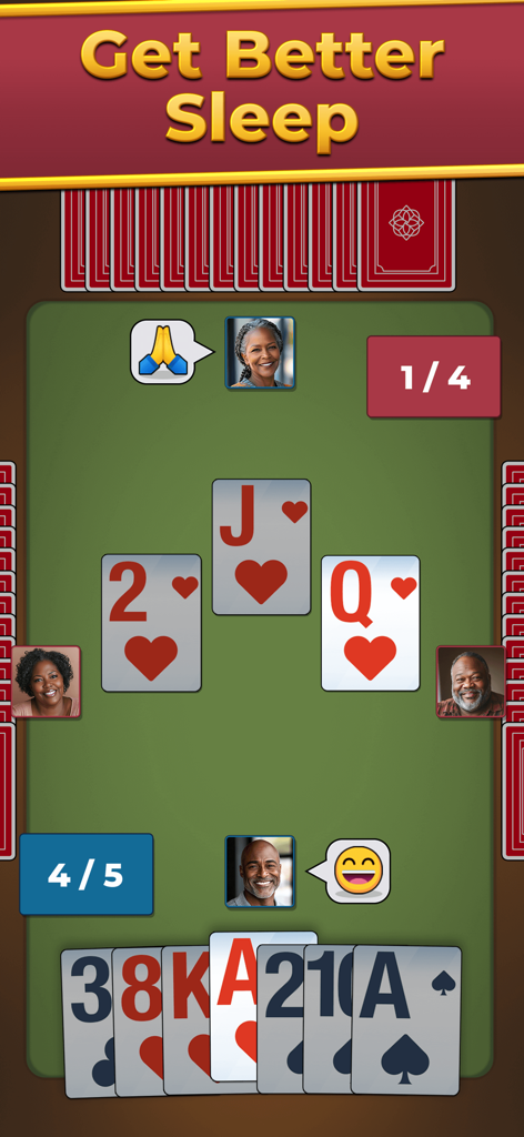 Spades For Seniors: Card Game - Jogabilidade de Spades Para Idosos mostrando cartas grandes de alto contraste e avatares de jogadores adultos mais velhos