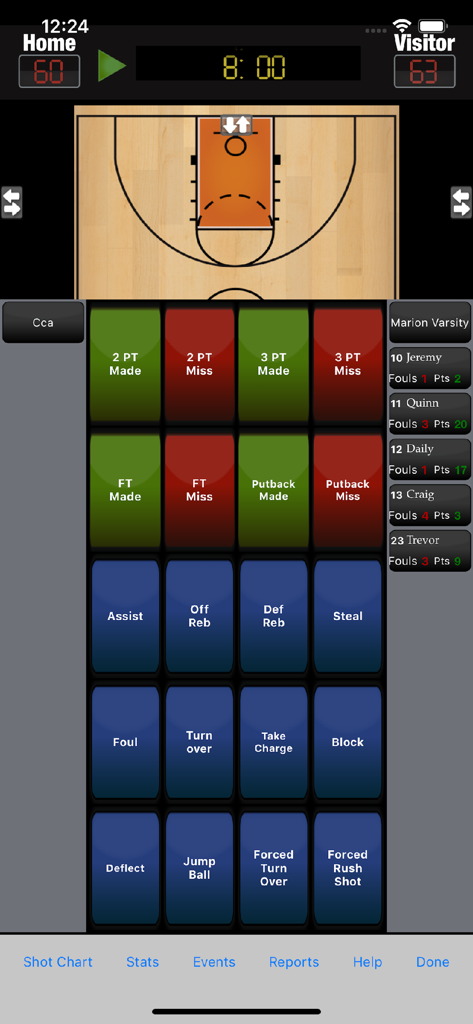 Breakthrough Stats - Breakthrough Stats live basketball game tracking interface showing shot chart and stat buttons