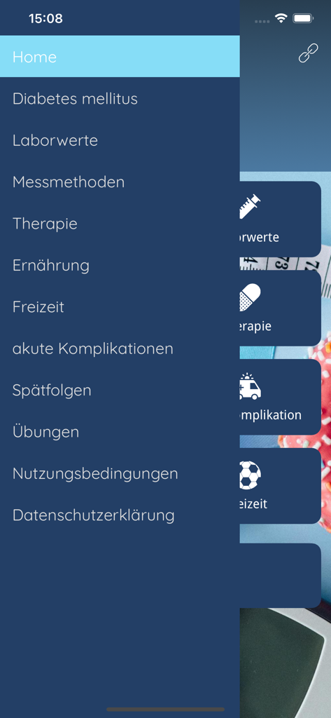 SugarSmart - The navigation menu of the SugarSmart app displaying categories like Diabetes mellitus, therapy, and nutrition