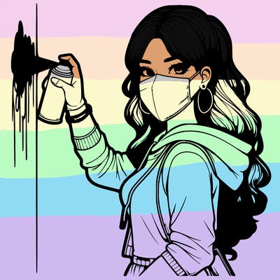 realistic girl with mask spray painting a wall