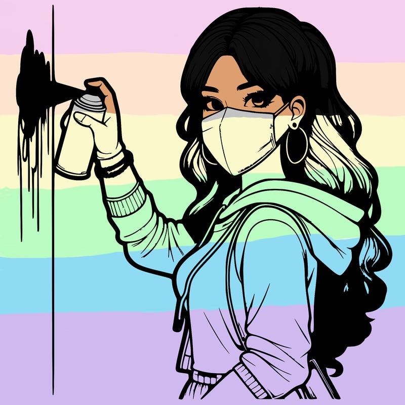 realistic girl with mask spray painting a wall