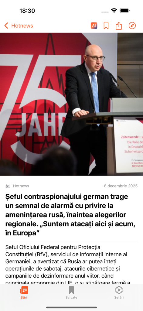 Article view in the Stiri din Romania app featuring a news story from Hotnews with AI summary and sharing tools.