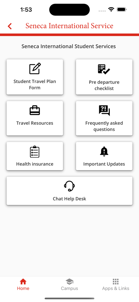 Seneca Mobile - Interface of the Seneca Mobile app showing international student services including travel plans and pre-departure checklists