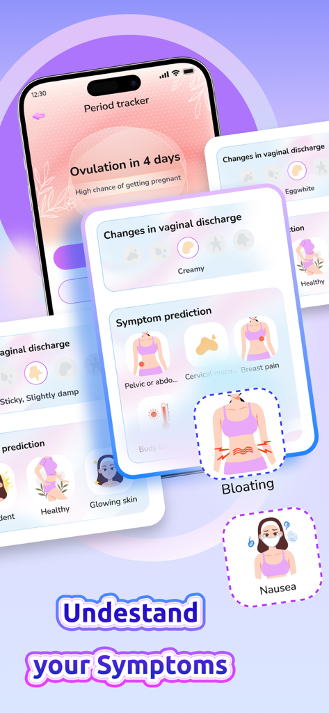 증상 예측 및 질 분비물 추적을 보여주는 생리 주기 및 임신 추적기 앱 인터페이스 스크린샷.