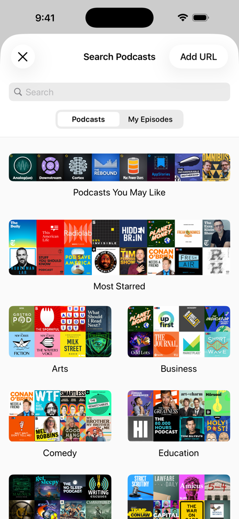 Overcast - Schermata di ricerca dell'app Overcast che visualizza categorie di podcast e opzioni di scoperta