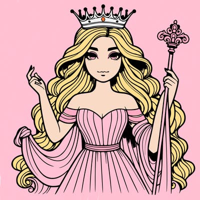 realistic hot woman in a flowing dress and long wavy hair and a crown and a scepter