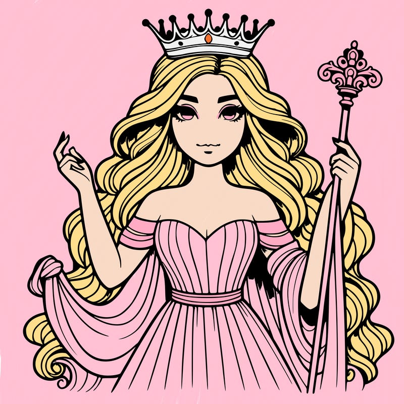 realistic hot woman in a flowing dress and long wavy hair and a crown and a scepter