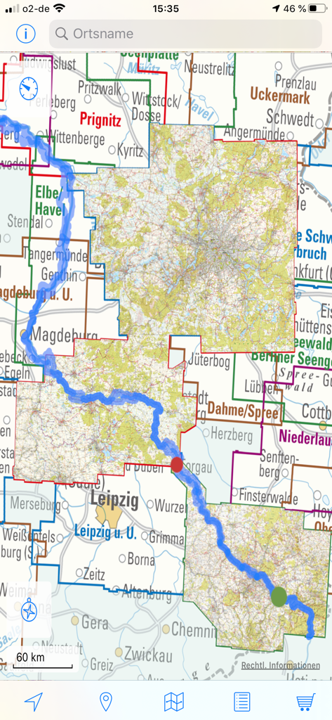 ADFC Karten - Oberfläche der ADFC Karten App, die eine hervorgehobene Radroute über eine Karte deutscher Regionen zeigt