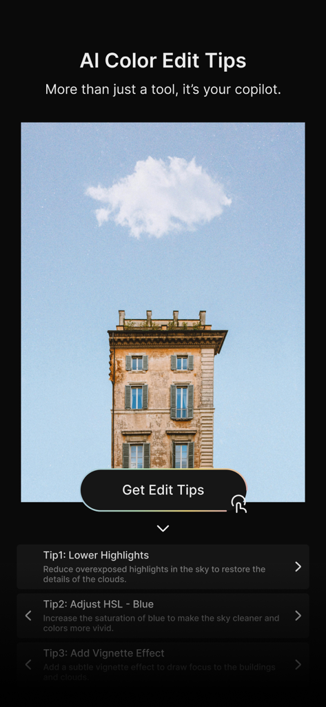 Colorby: AI Photo Color Editor - Interface of Colorby app showing AI color editing tips for a building photo