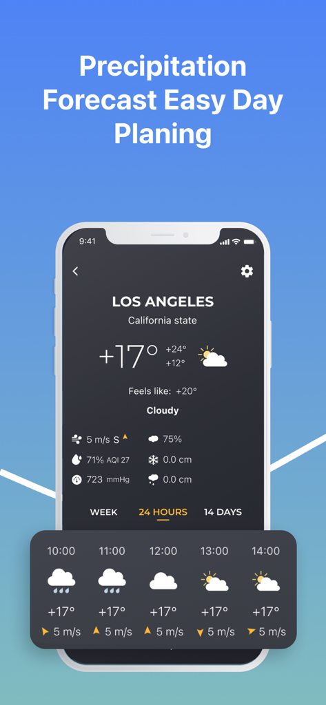 Meteo Radar Pro - Meteo Radar Pro mobile app showing a detailed 24 hour weather forecast for Los Angeles