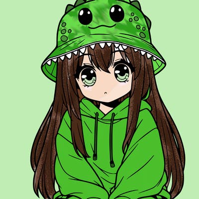 girl with anime shaped eyes with a dinosaur bucket hat oversized sweatshirt long straight hair