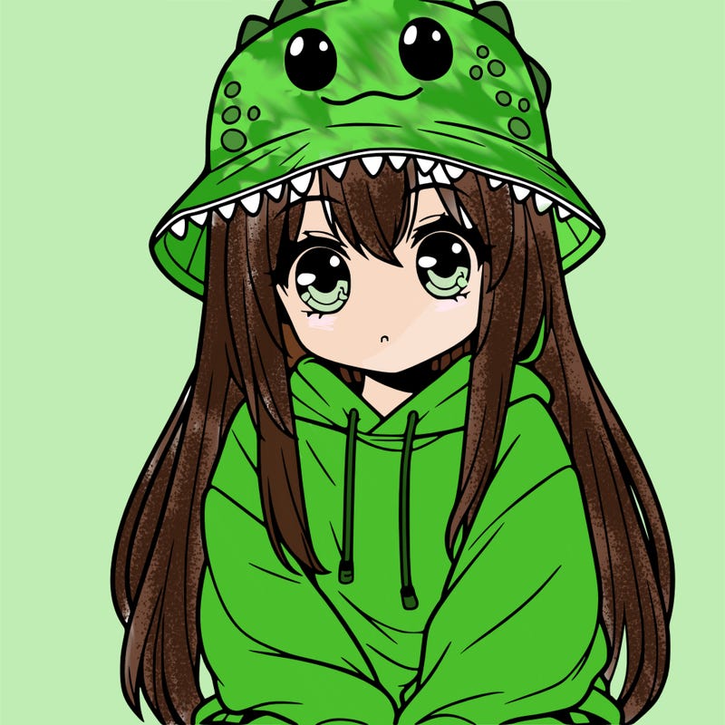 girl with anime shaped eyes with a dinosaur bucket hat oversized sweatshirt long straight hair