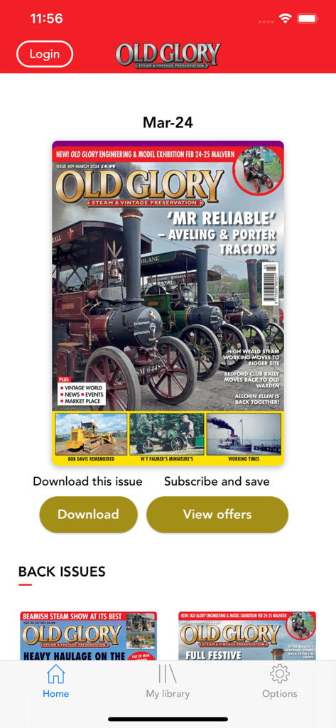 Old Glory Magazine App-Oberfläche mit dem Titelbild der Ausgabe März 2024 mit Oldtimer-Dampftraktoren.