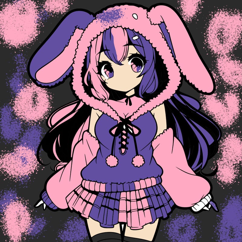 pretty anime girl wearing a fluffy hoodie with bunny ears on the hood and a skirt
