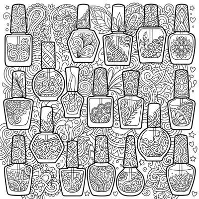 Unleash your creativity with this stunning Zentangle coloring page featuring an array of beautifully detailed nail polish bottles. Each bottle and the surrounding background are adorned with complex patterns, offering a unique and engaging artistic challenge.