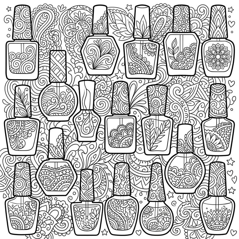 Unleash your creativity with this stunning Zentangle coloring page featuring an array of beautifully detailed nail polish bottles. Each bottle and the surrounding background are adorned with complex patterns, offering a unique and engaging artistic challenge.