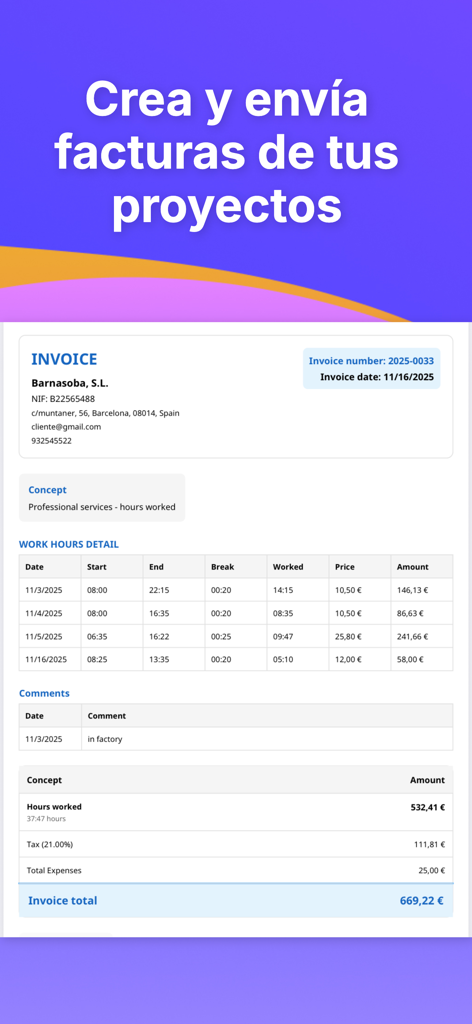WorkTime: Hours Tracker Log - Ejemplo de factura profesional generada por la aplicación que muestra las horas de trabajo y el cálculo del pago total
