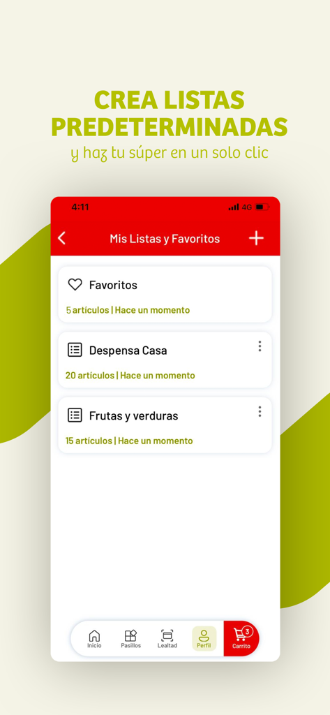 Interfaz de la app Soriana mostrando la pantalla Mis Listas y Favoritos con listas de compras categorizadas para una compra eficiente.