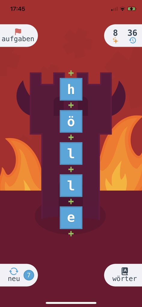 swop - ein wortspiel - Screenshot of swop word game showing a vertical word ladder and flame background
