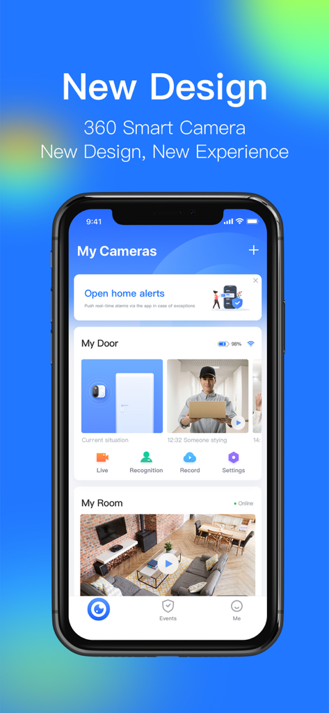 360スマートカメラアプリのダッシュボード。ドアベルとリビングルームカメラからのライブビデオフィードを表示しています