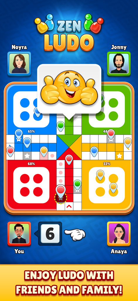 Zen Ludo - Interfaz de la aplicación móvil Zen Ludo con cuatro jugadores en un tablero colorido