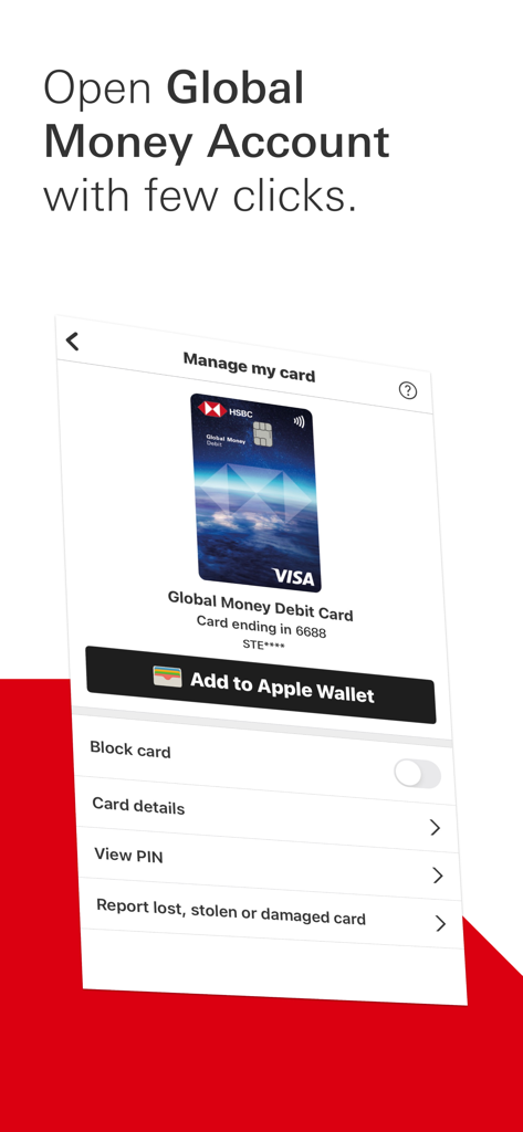 HSBC Expat - HSBC Expat app screen for managing a Global Money Debit card with an Add to Apple Wallet button.