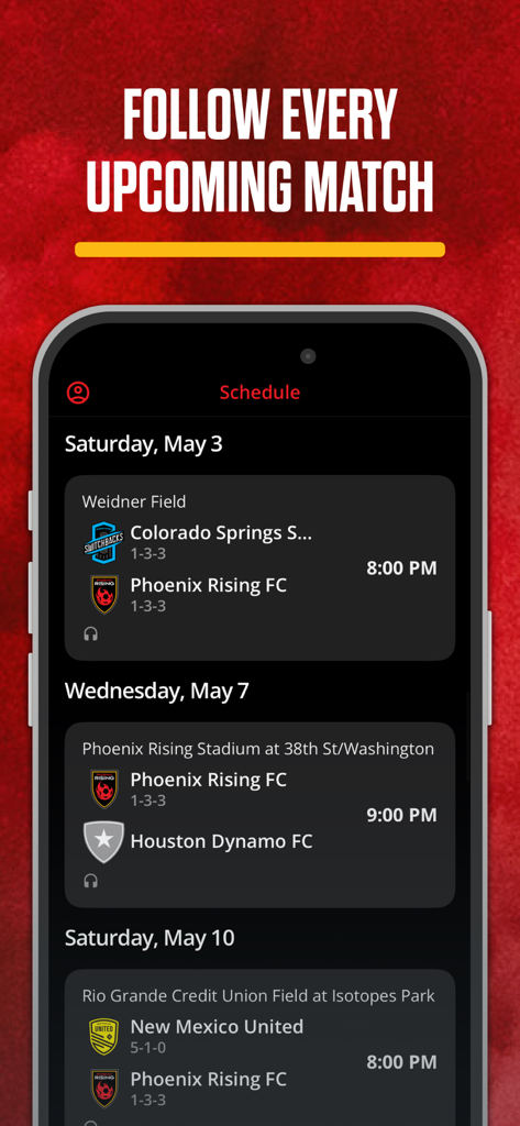 Phoenix Rising FC - Phoenix Rising FC mobile app showing a list of upcoming soccer matches with dates and times